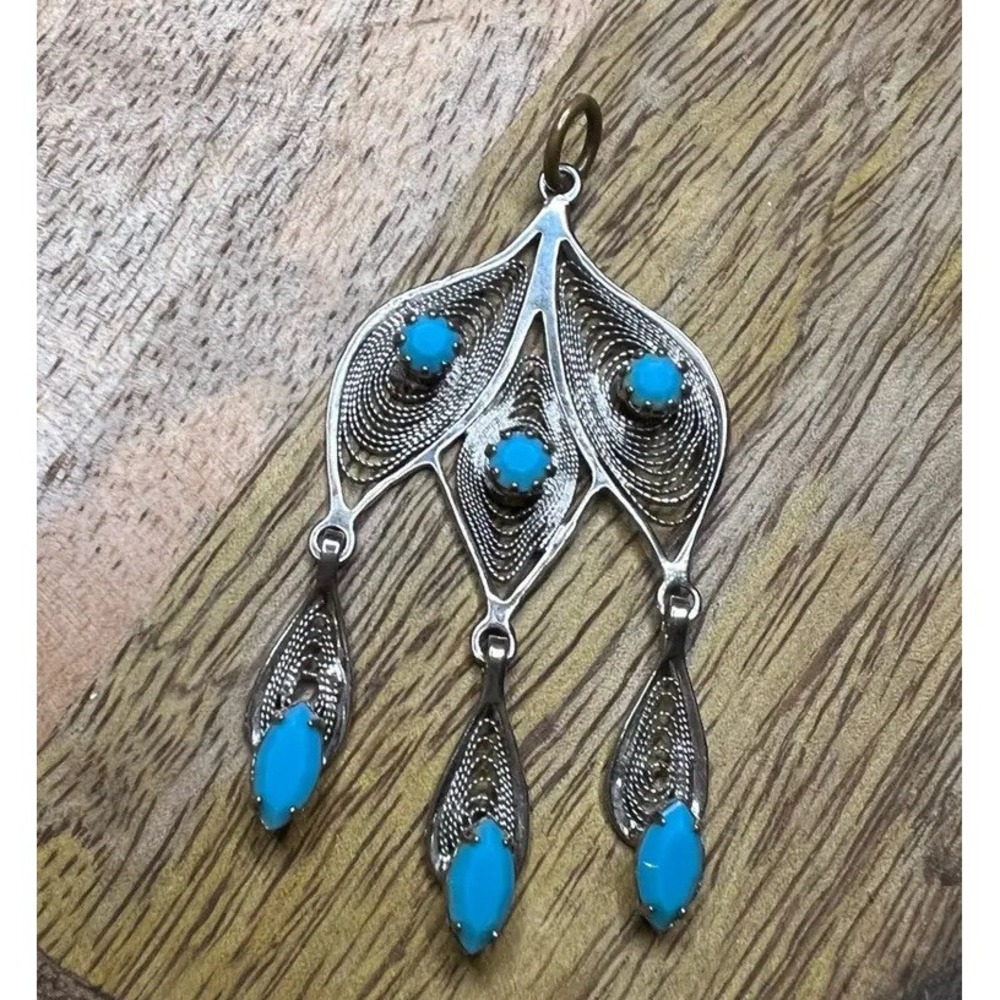 Pendant Blue Mixed Metals Faux Turquoise Tribal‎ Indian Triple Dangle
